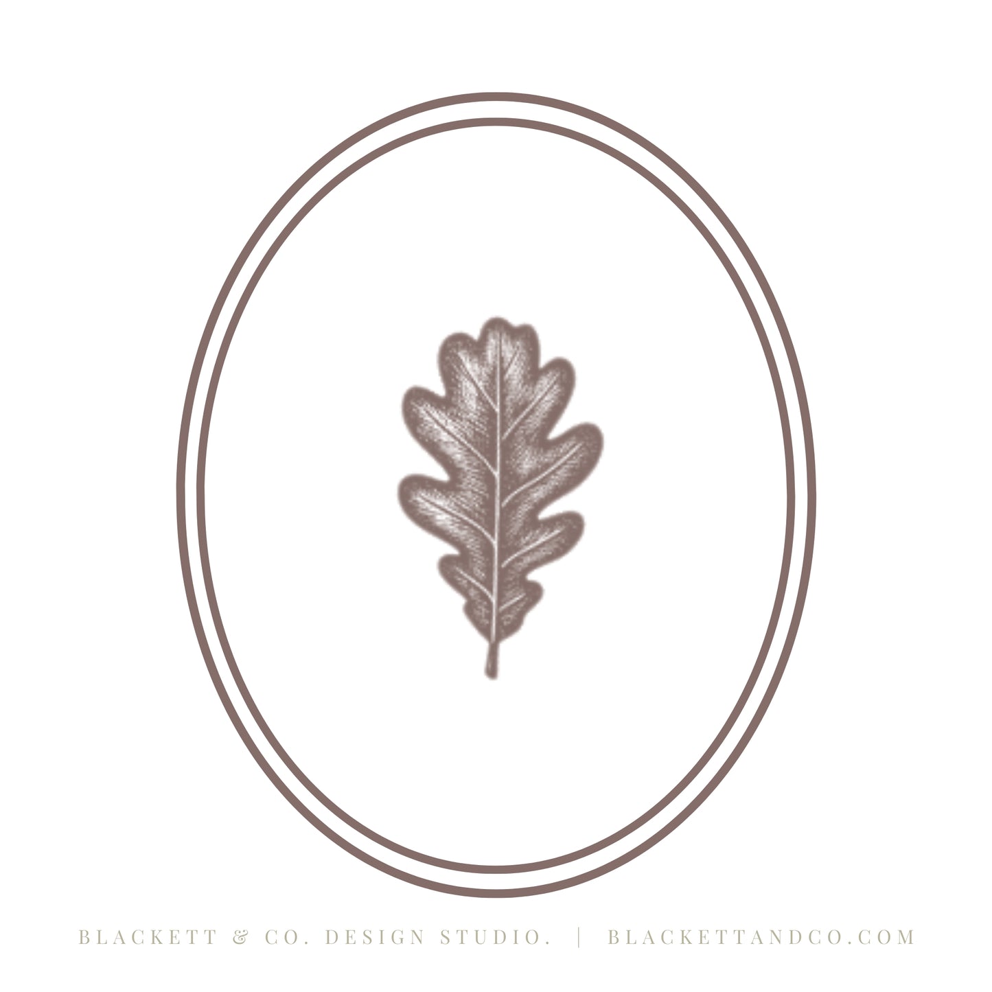 Oak & Hare theme minimalist logo design featuring a central oak leaf enclosed in a double oval frame.