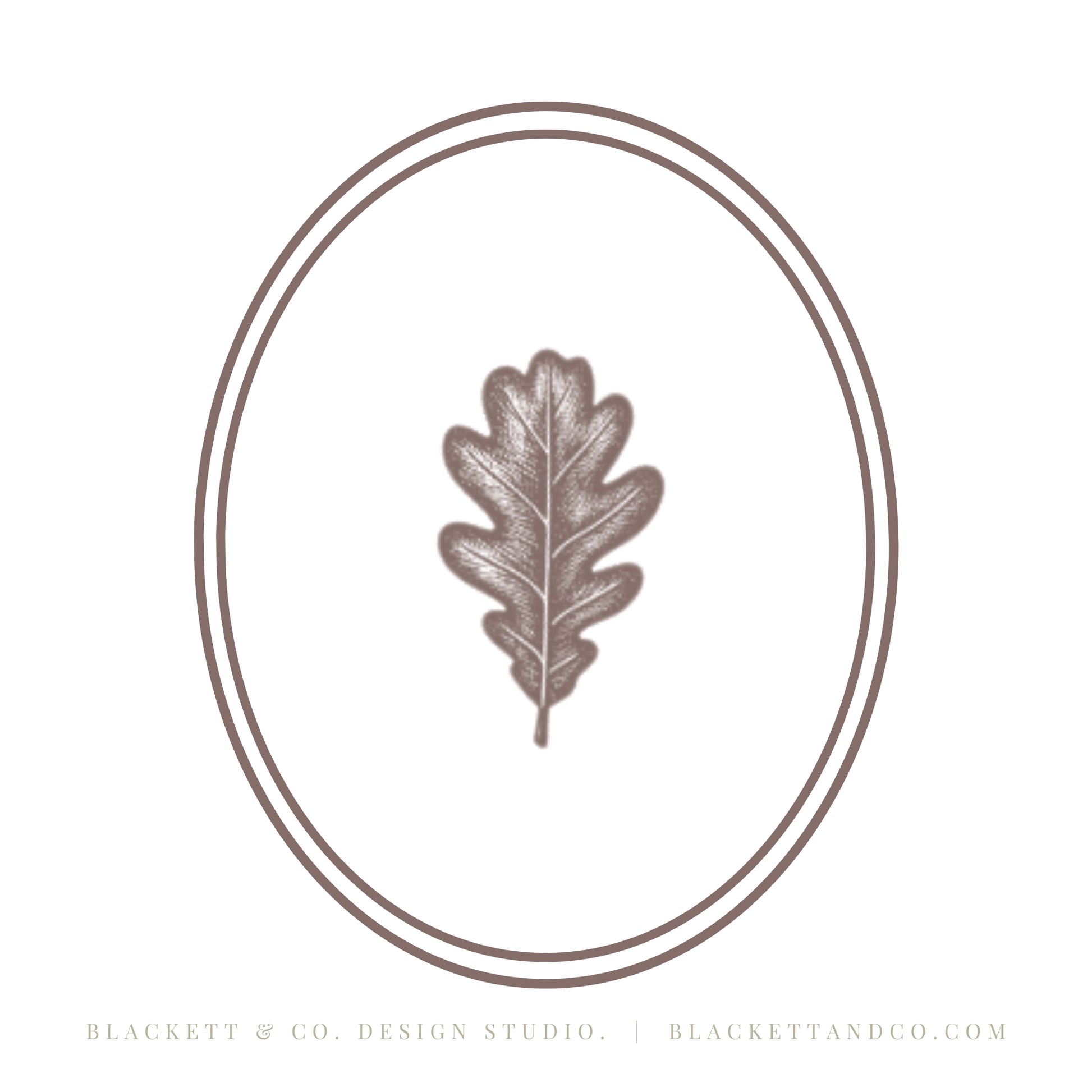 Oak & Hare theme minimalist logo design featuring a central oak leaf enclosed in a double oval frame.