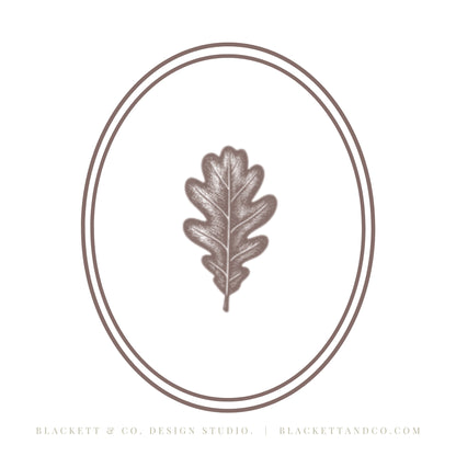 Oak & Hare theme minimalist logo design featuring a central oak leaf enclosed in a double oval frame.
