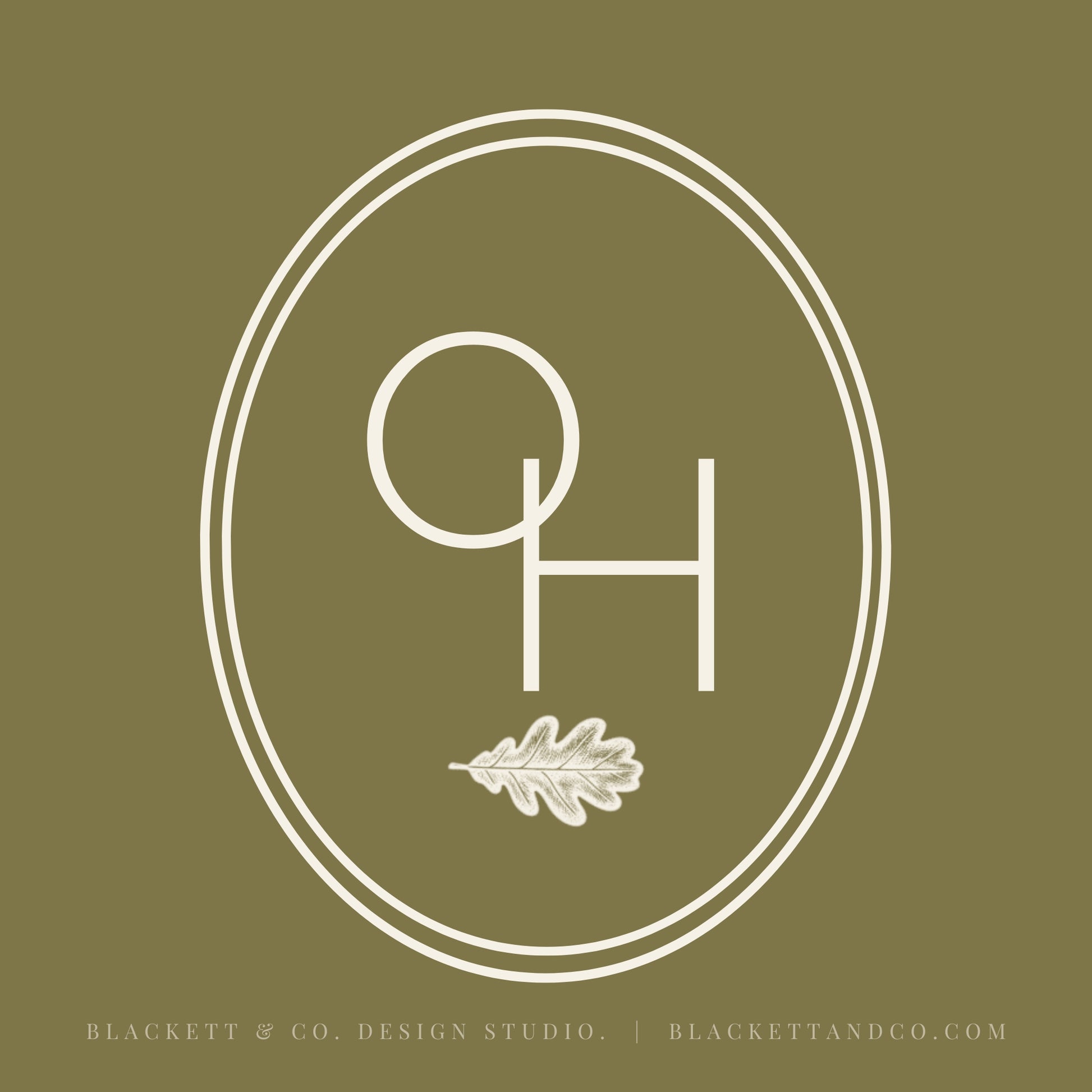 Oak & Hare theme logo in a serif font inside a double oval border, with a small oak leaf motif below.