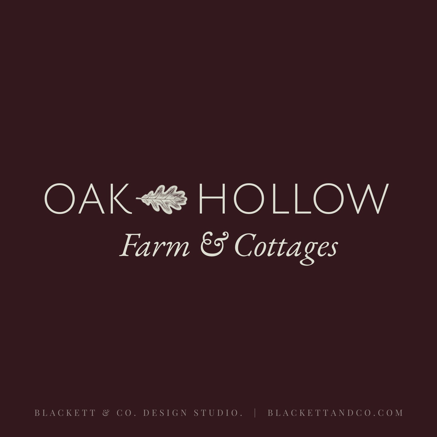 Oak & Hare theme logo with a dark burgundy background and centred white text with a small oak leaf icon between the words.