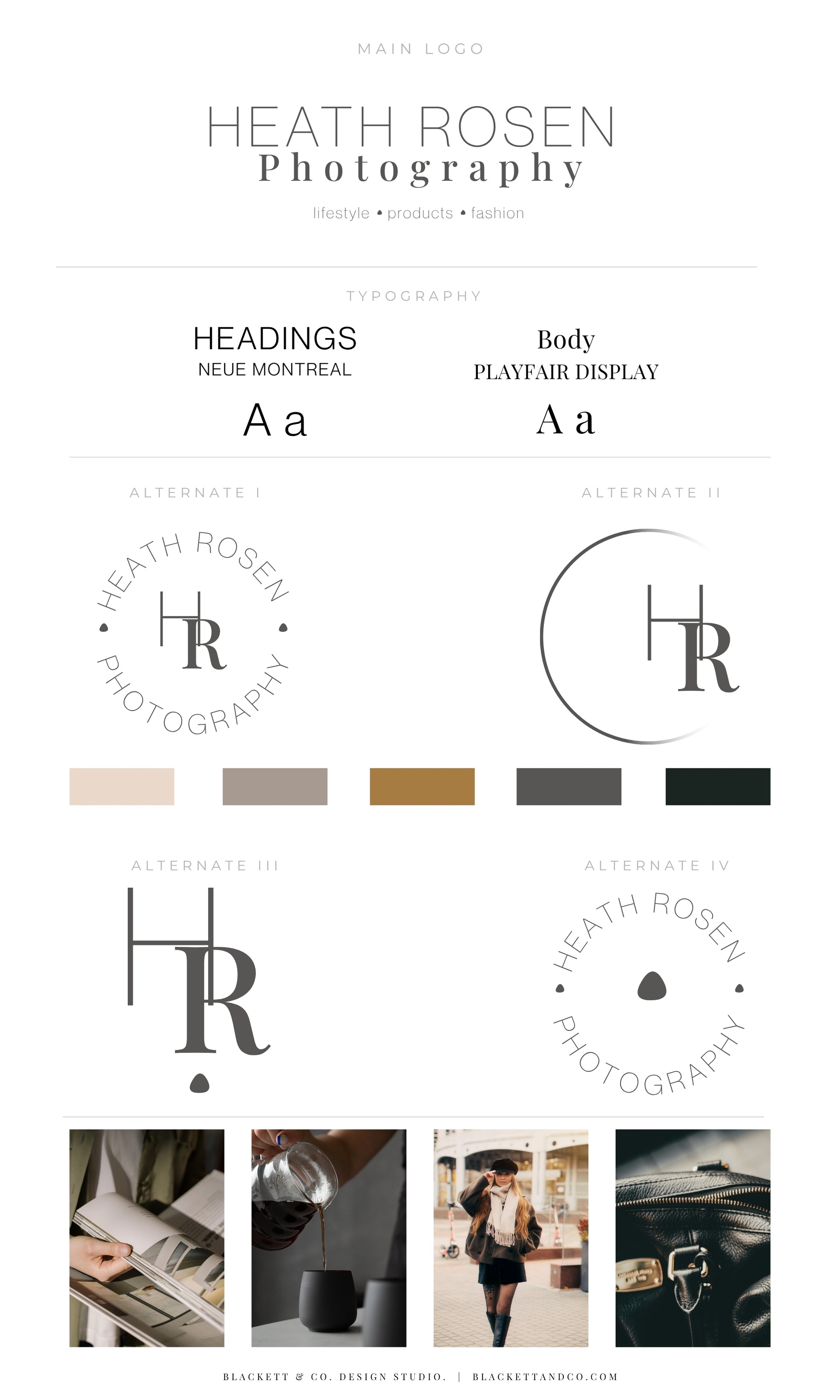 Photography brand logo showing multiple logo variations, typography styles, colour swatches, and small lifestyle photos along the bottom.