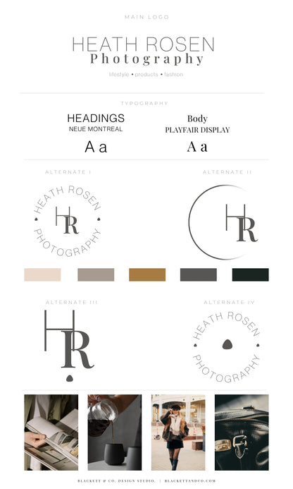Photography brand logo showing multiple logo variations, typography styles, colour swatches, and small lifestyle photos along the bottom.