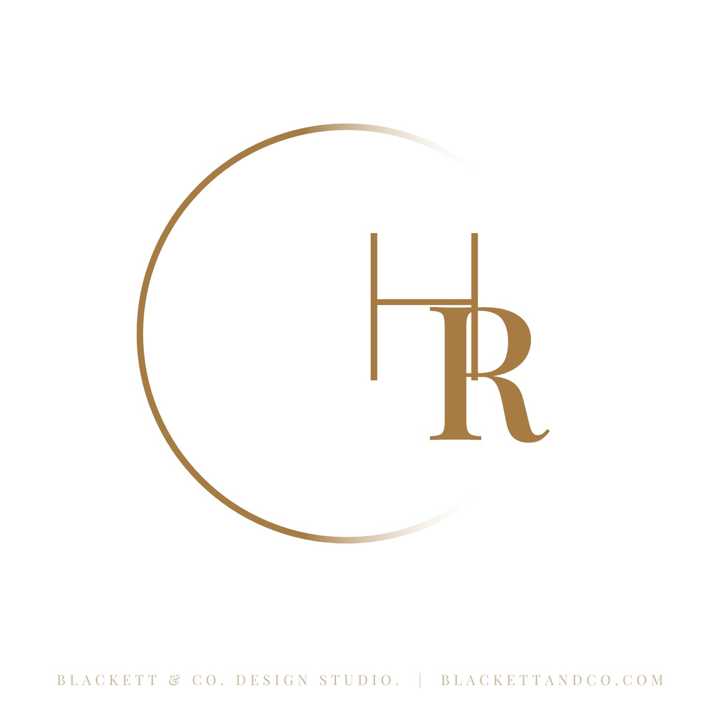 Photography brand logo minimalist monogram logo enclosed in a partial circle.