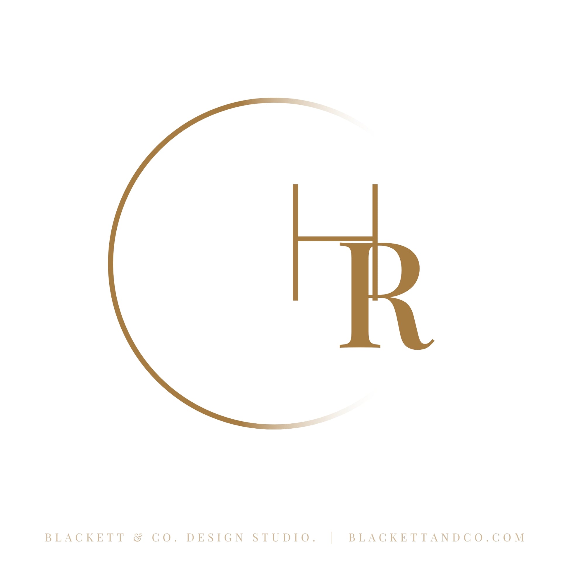 Photography brand logo minimalist monogram logo enclosed in a partial circle.