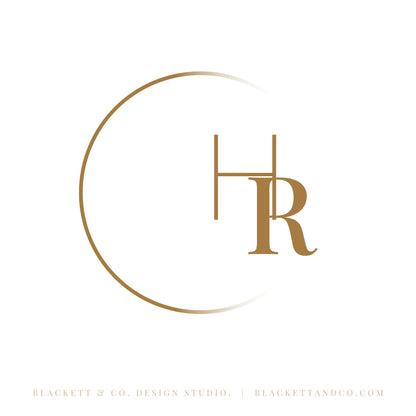 Photography brand logo minimalist monogram logo enclosed in a partial circle.
