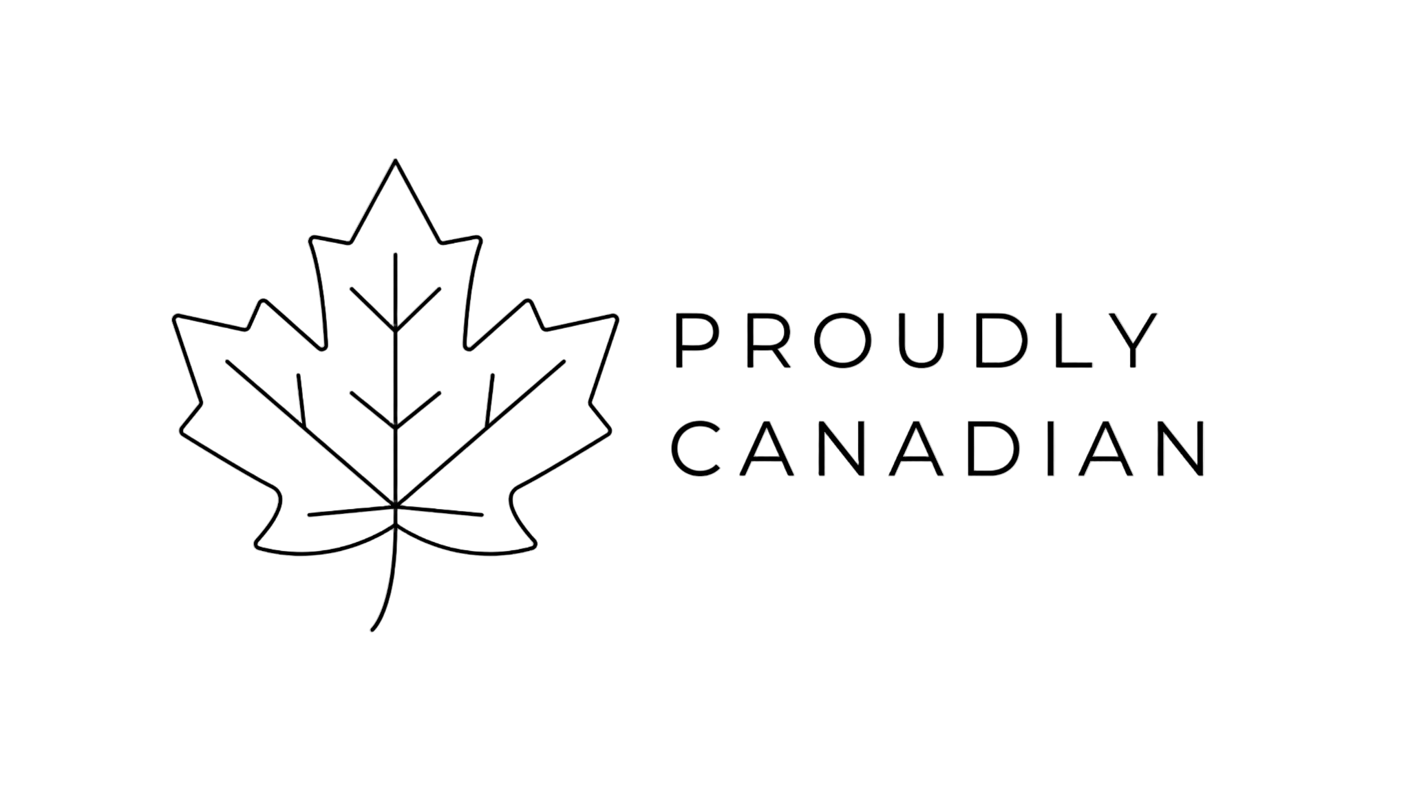 Black outline of a maple leaf with 'Proudly Canadian' text