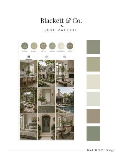 Blackett & Co.'s Sage Colour Palette applied to sage-toned interior and exterior design photos alongside a vertical row of sage colour swatches