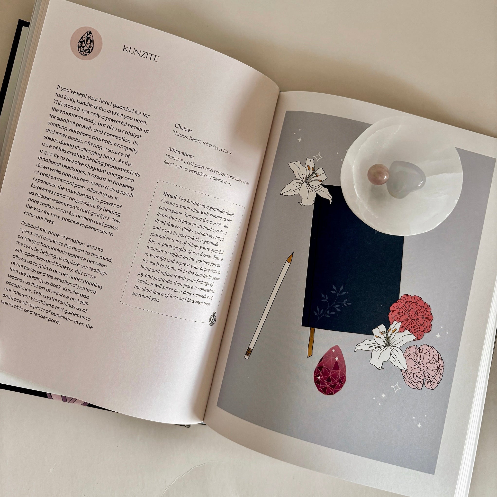Self-Love Crystals book and selenite stone dish.