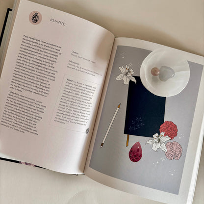 Self-Love Crystals book and selenite stone dish.