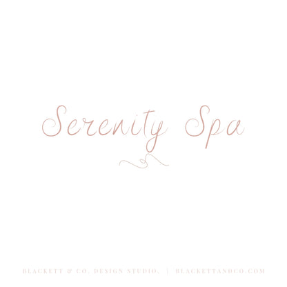 Serenity Brand Logo minimalist logo graphic a delicate rose gold cursive font with a centred elegant swopping line below.