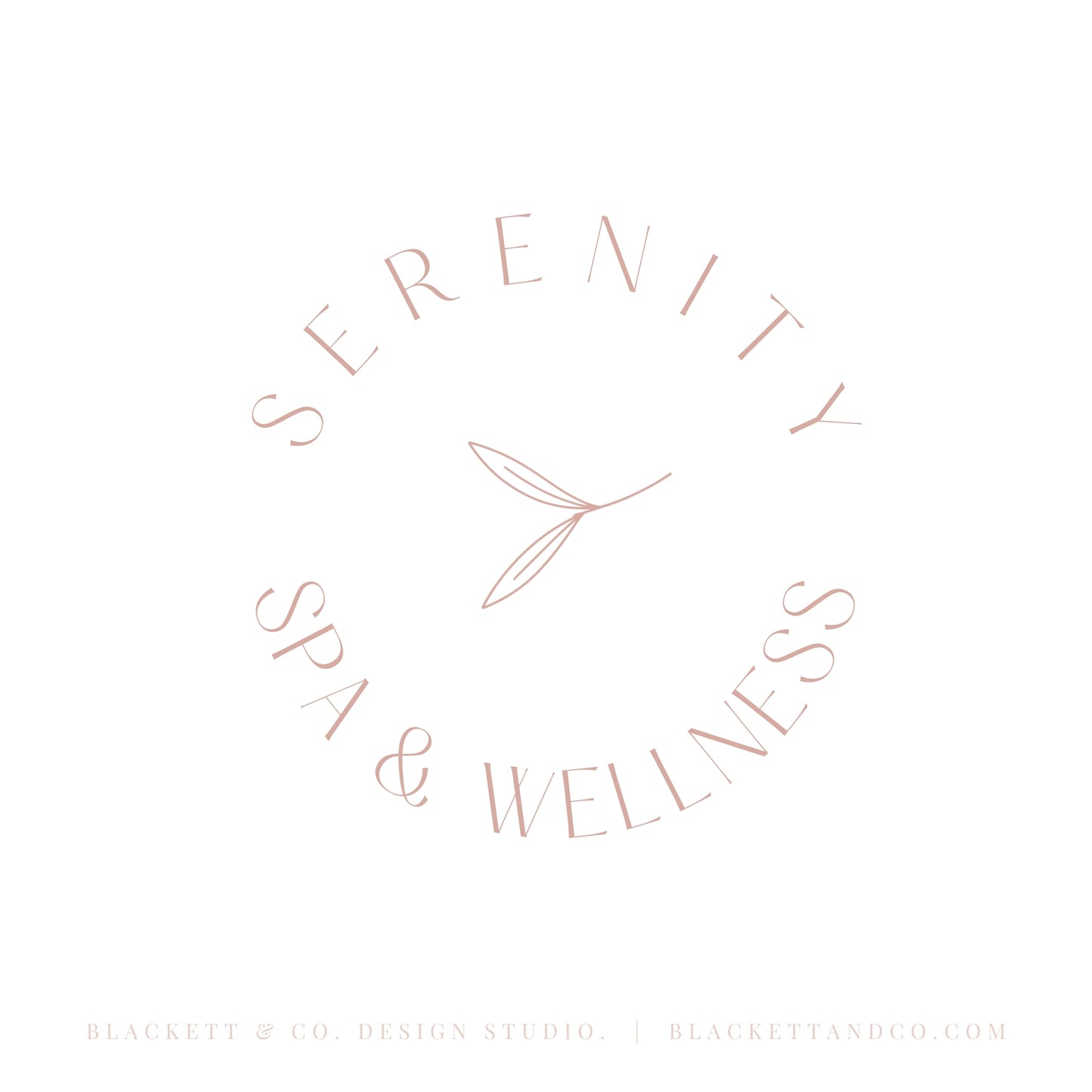 Serenity Brand Logo minimalist design featuring a circular arrangement of text and a central leaf motif.
