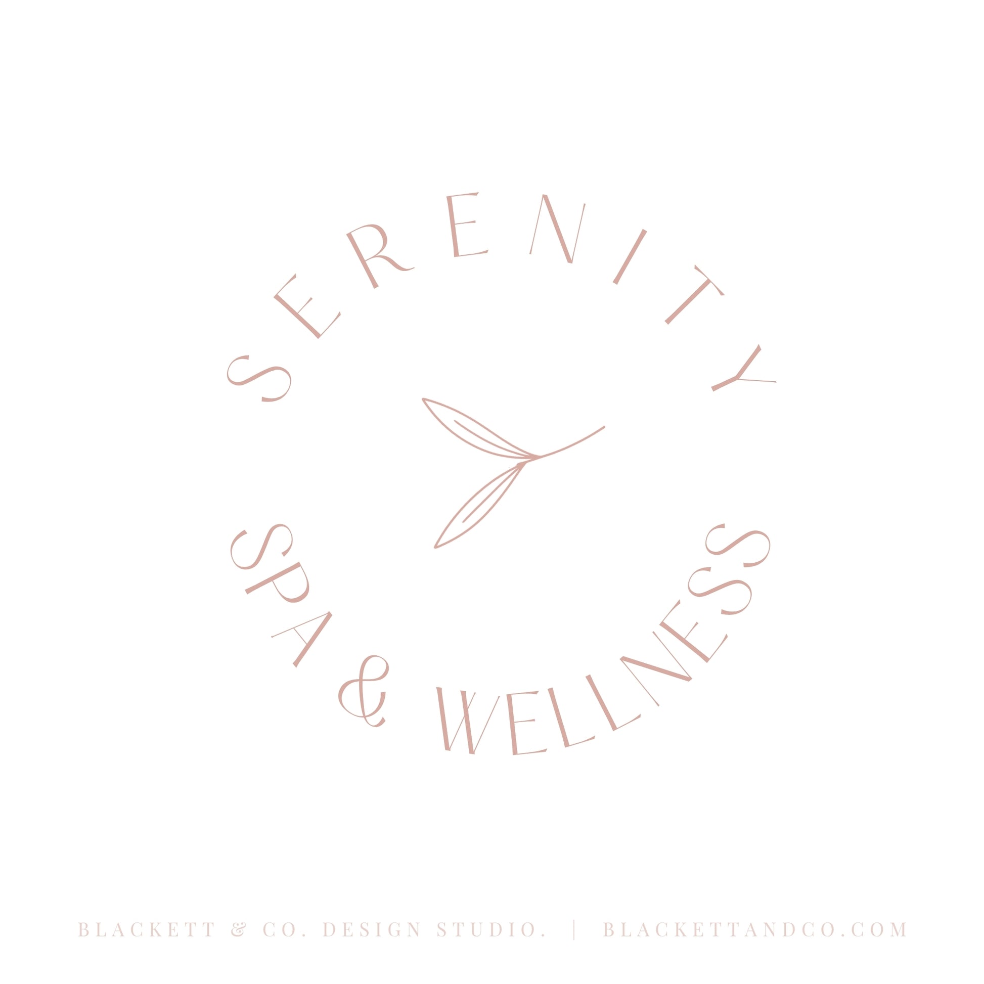 Serenity Brand Logo minimalist design featuring a circular arrangement of text and a central leaf motif.