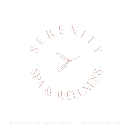 Serenity Brand Logo minimalist design featuring a circular arrangement of text and a central leaf motif.