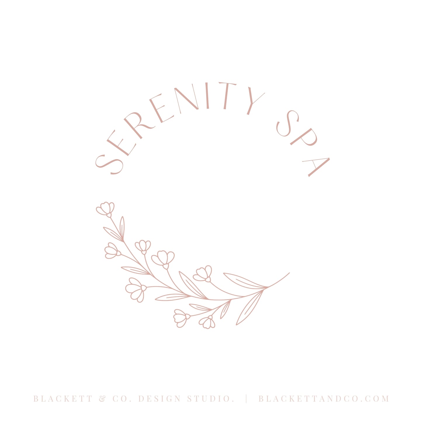 Serenity Brand Logo minimalist design featuring elegant cursive text and a delicate floral branch illustration.