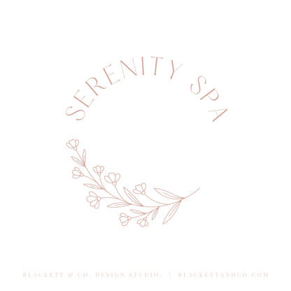 Serenity Brand Logo minimalist design featuring elegant cursive text and a delicate floral branch illustration.