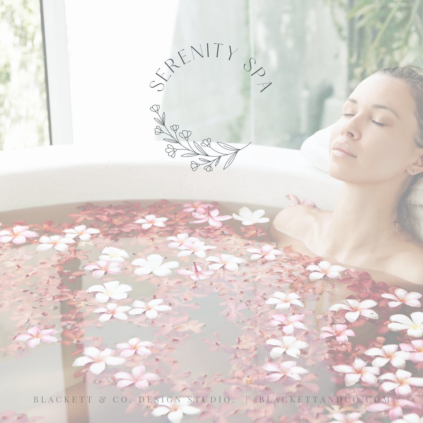 A woman relaxes in a spa bathtub filled with pink and white flowers, with a text and floral circular logo overlaid on a soft, bright background.