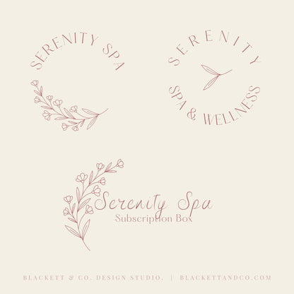 Serenity Brand Logo designs in dusty rose on a warm cream background with floral line art.