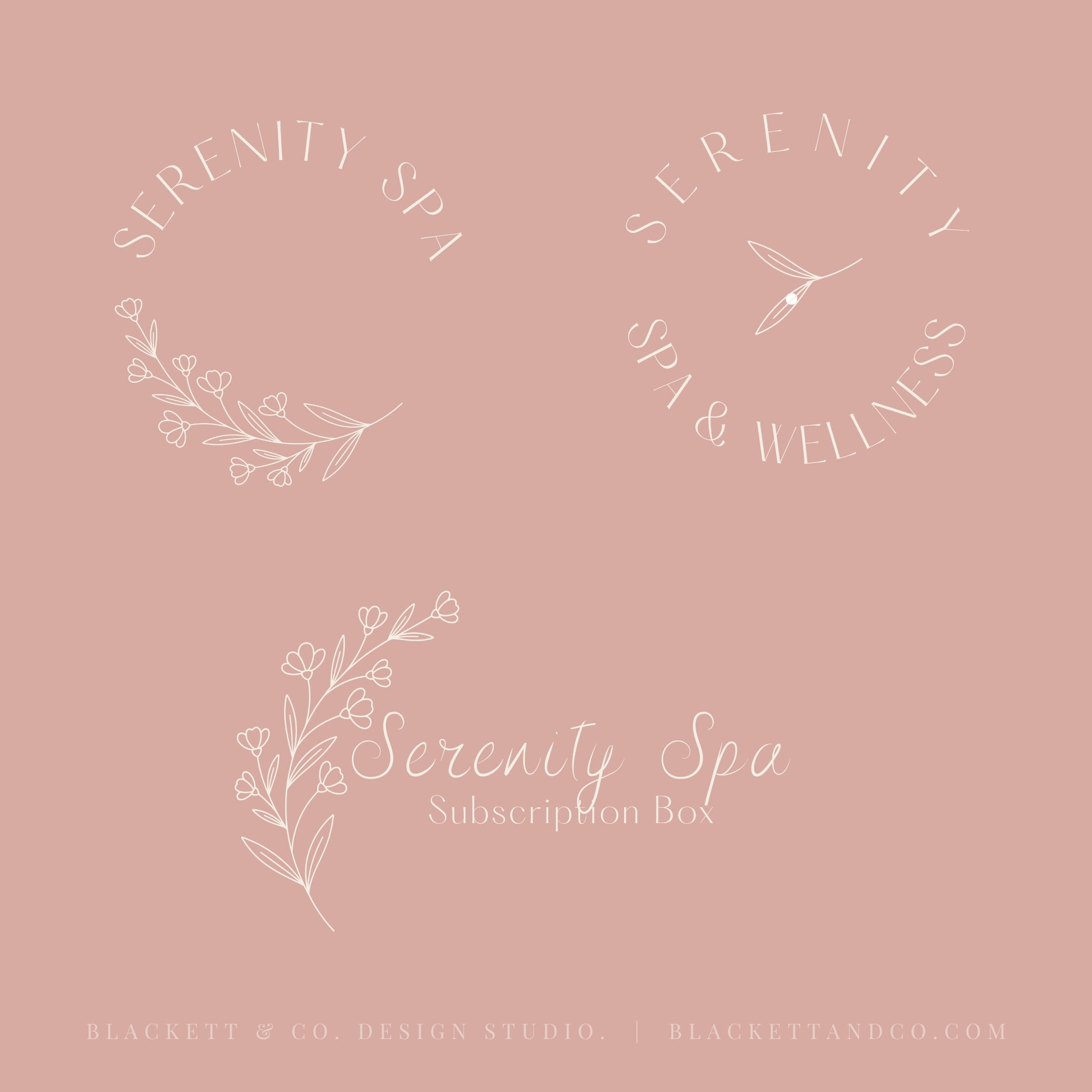 Serenity Brand Logo designs on a dusty pink background with floral line art.