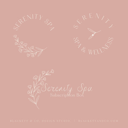 Serenity Brand Logo designs on a dusty pink background with floral line art.