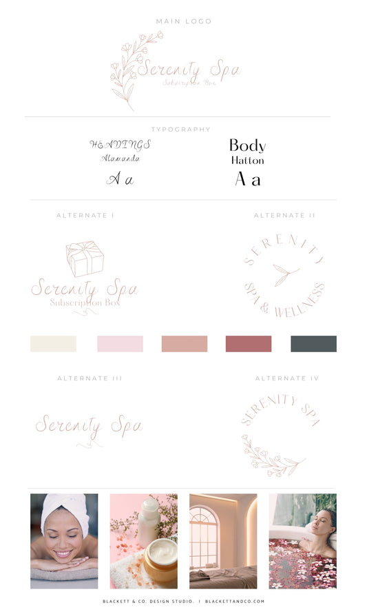 Serenity Brand Logos featuring multiple logo variations, typography options, colour, and lifestyle photos.