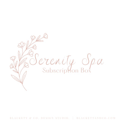 Serenity Brand Logo minimalist logo graphic featuring delicate rose gold floral line art and elegant script text.