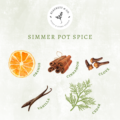 Scent notes of Simmer Pot Spice scented natural soy candle: orange, cinnamon, clove, vanilla, cedar.