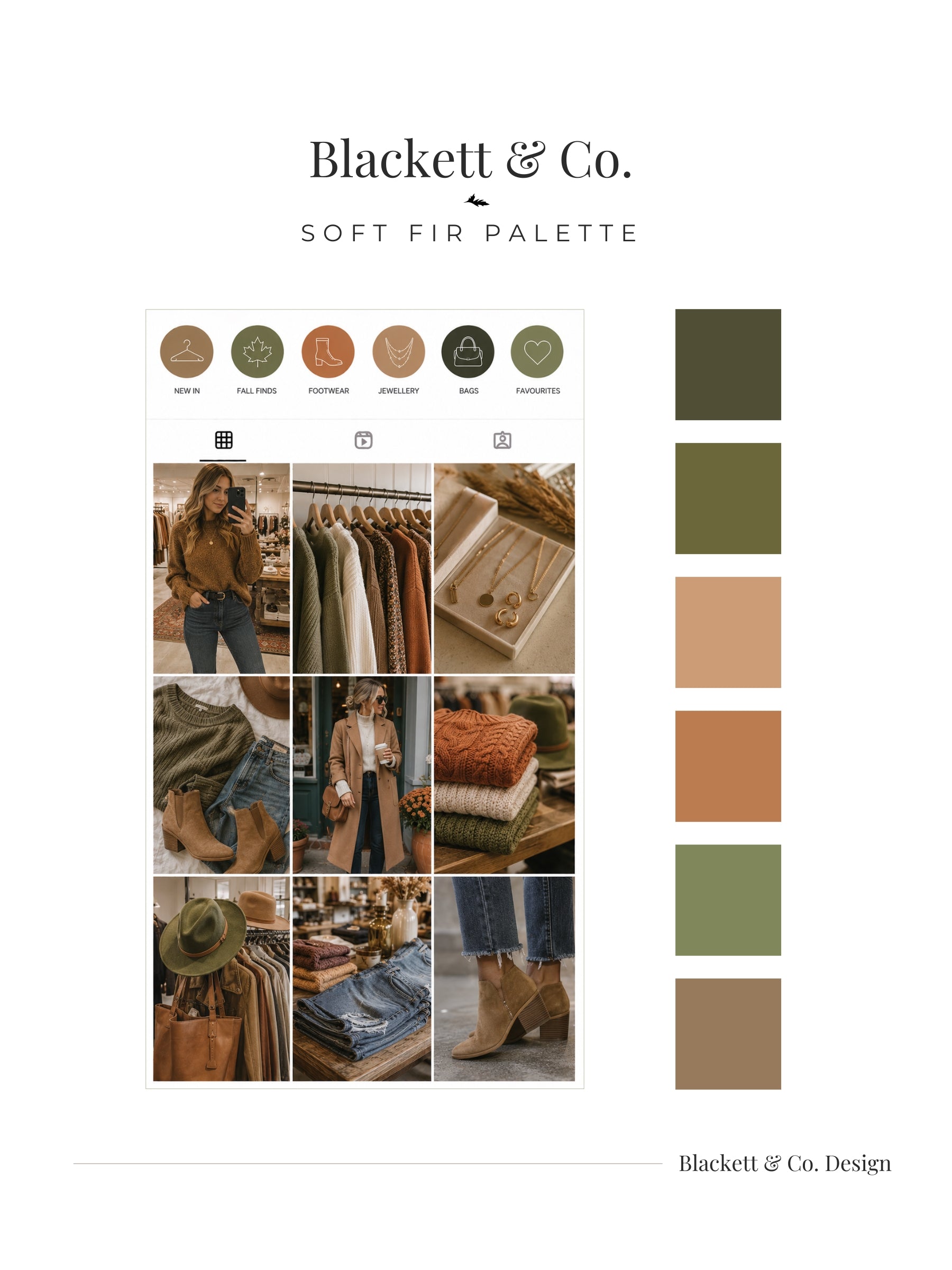 A digital colour palette board using Blackett & Co.'s Soft Fir colour palette featuring a grid of cozy fall fashion photos on the left and six colour swatches on the right in olive green, terracotta, beige, and brown
