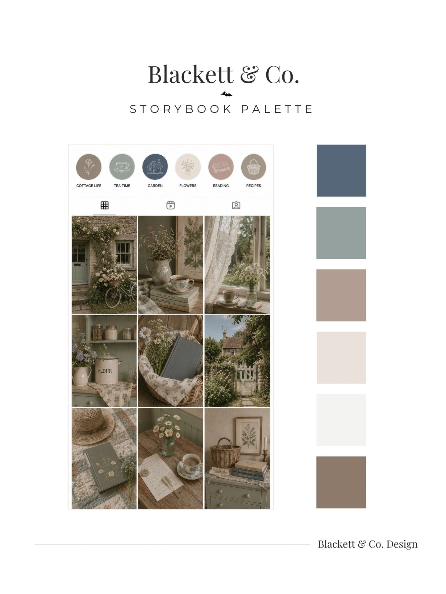A styled colour palette sheet titled Storybook Palette by Blackett & Co. featured on a cottagecore theme Instagram page.