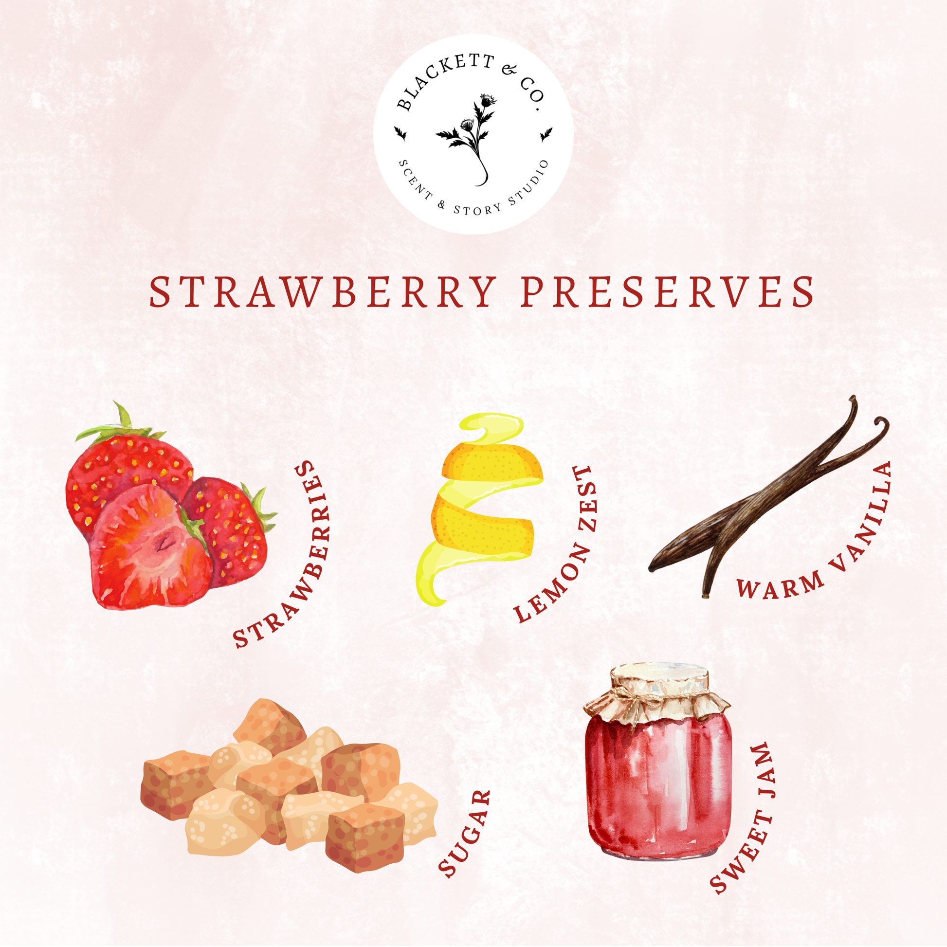 Scent notes of Strawberry Preserves scented natural soy candle: strawberries, lemon zest, vanilla bean, sugar, and strawberry  jam.