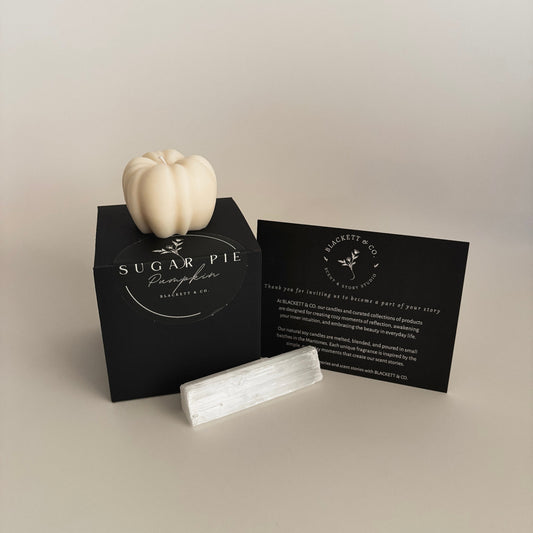 Sugar Pie Pumpkin scented natural soy candle set with raw Selenite stick and unscented pumpkin-shaped soy candle
