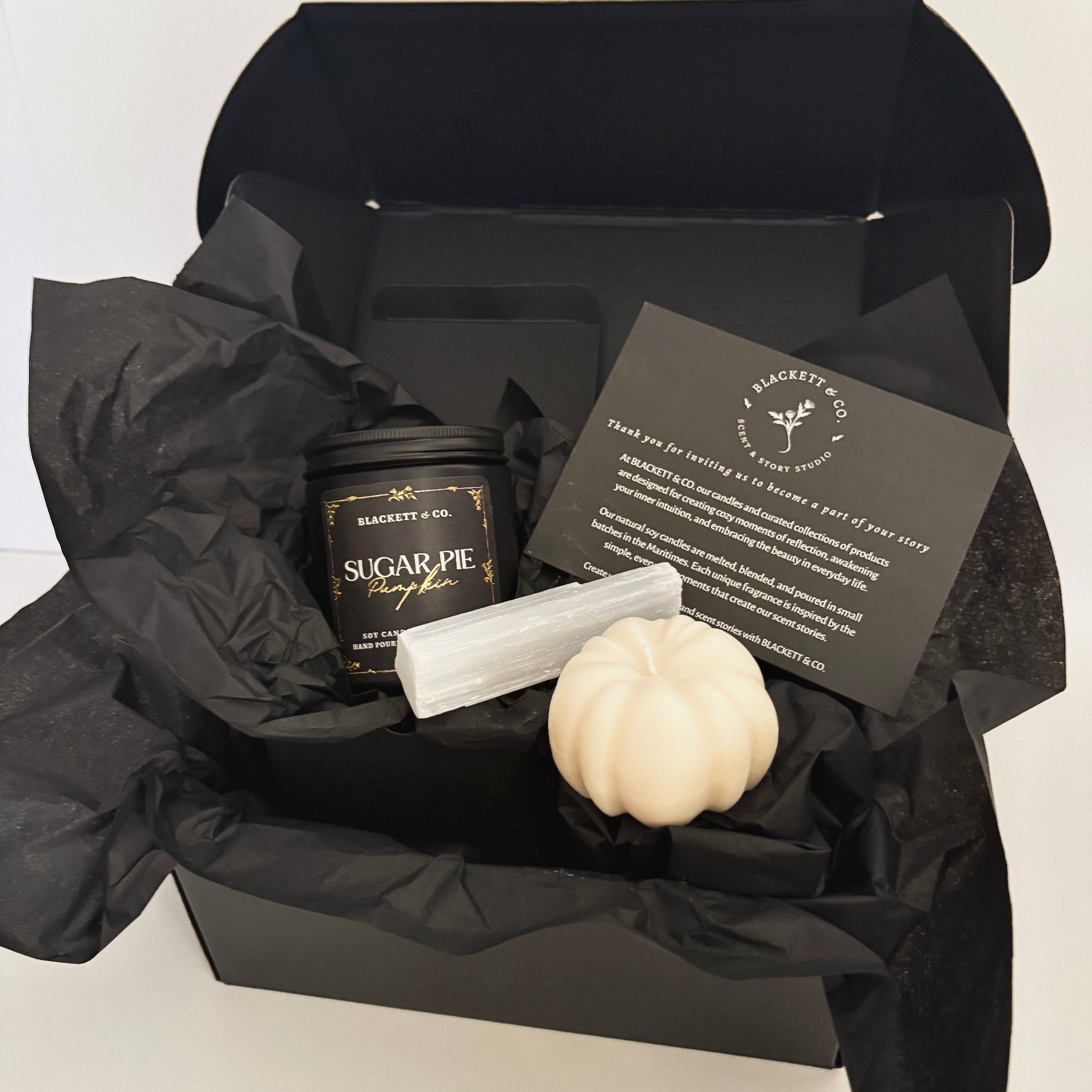 Sugar Pie Pumpkin scented natural soy candle set with raw Selenite stick and unscented pumpkin-shaped soy candle