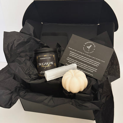 Sugar Pie Pumpkin scented natural soy candle set with raw Selenite stick and unscented pumpkin-shaped soy candle