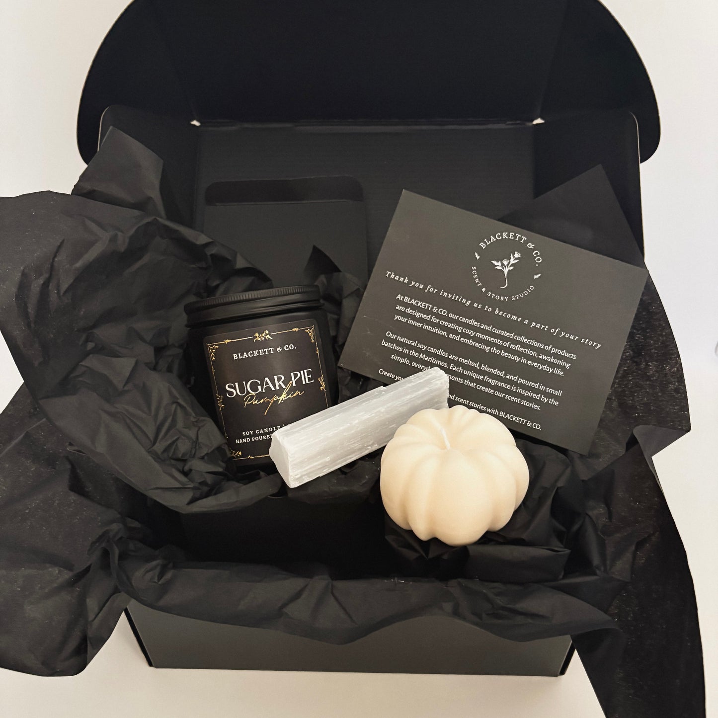 Sugar Pie Pumpkin scented natural soy candle set with raw Selenite stick and unscented pumpkin-shaped soy candle