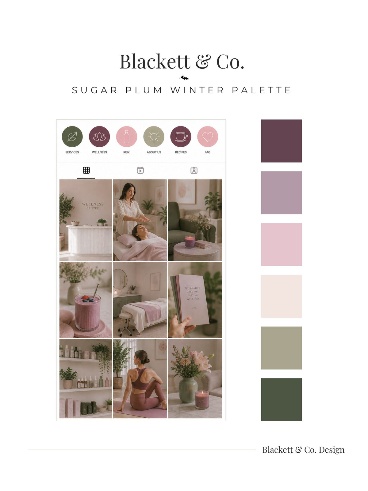 A digital colour palette board using Blackett & Co.'s Sugar Plum Winter Palette featuring a grid of cozy spa-themed lifestyle photos in muted plum, pink, beige, and sage tones