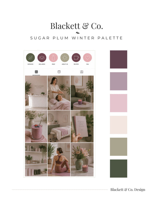 A digital colour palette board using Blackett & Co.'s Sugar Plum Winter Palette featuring a grid of cozy spa-themed lifestyle photos in muted plum, pink, beige, and sage tones