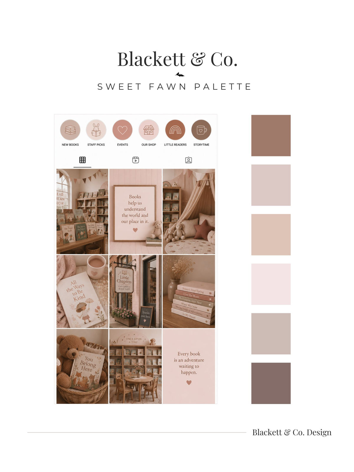 A digital brand palette board for Blackett & Co.'s Sweet Fawn Palette' featuring a grid of cozy bookshop-themed social media photos in soft neutral tones, alongside a vertical colour swatch strip on the right.