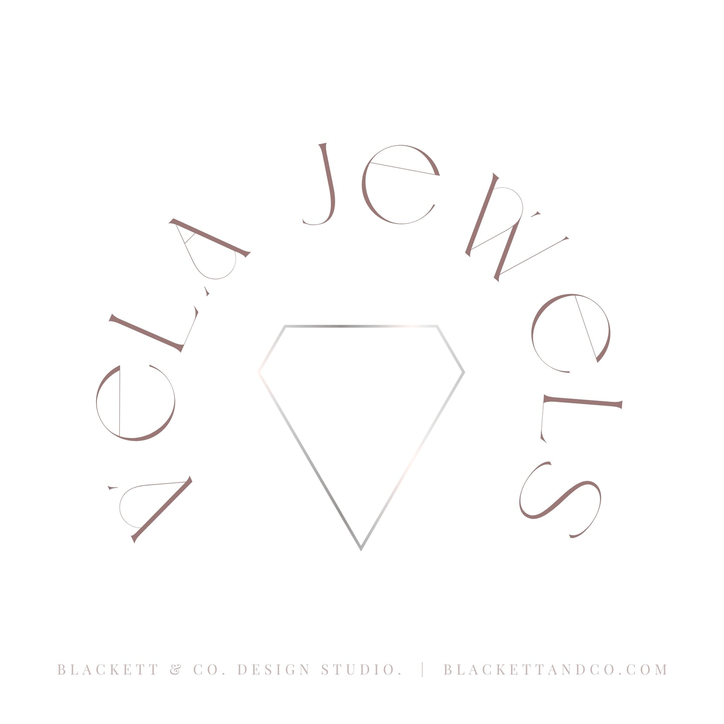 A minimalist logo design for Vela Jewels featuring a central diamond outline surrounded by arched brand lettering in a muted rose gold tone on a solid white background.