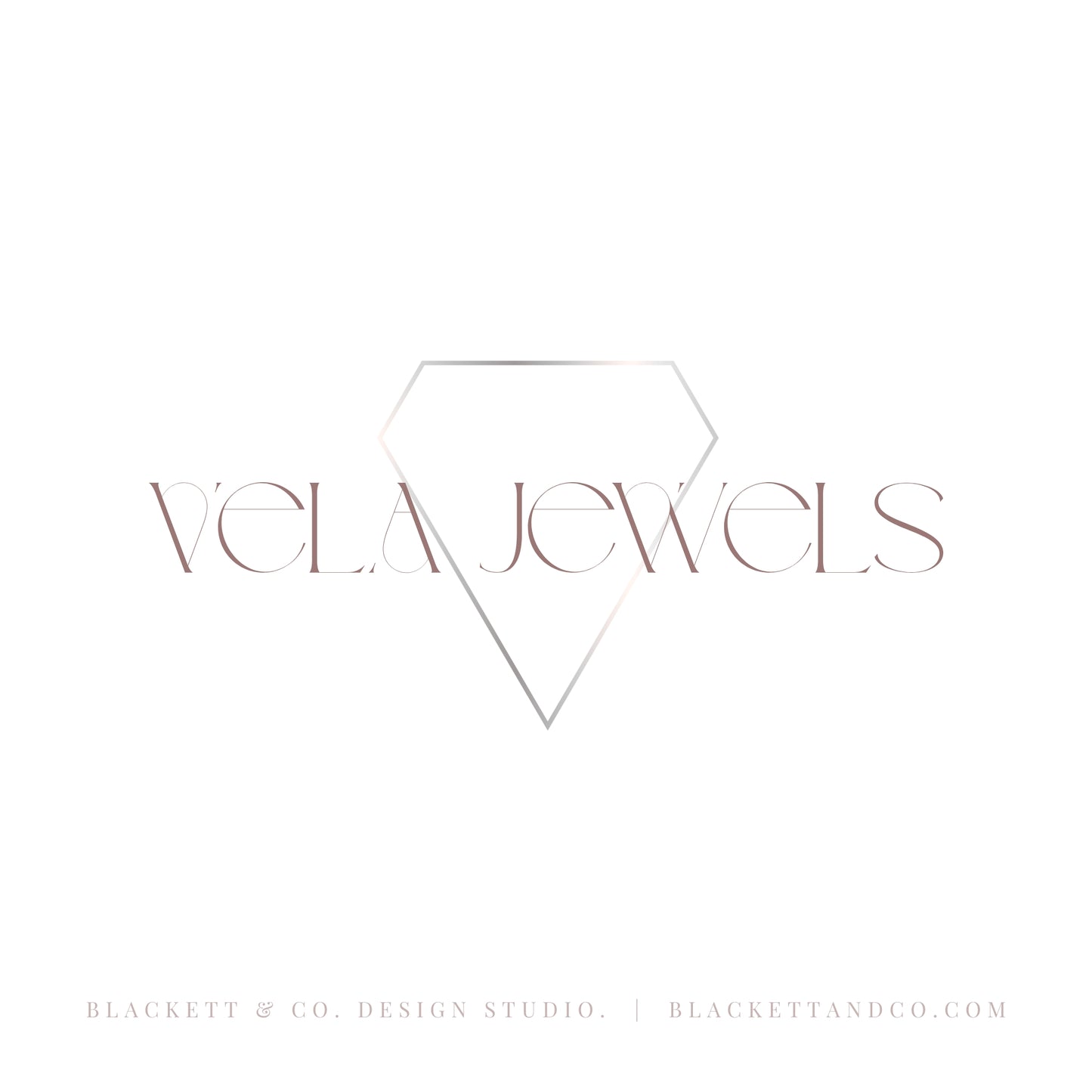 A minimalist logo for Vela Jewels, featuring a thin geometric diamond outline in rose gold over the brand name in a matching serif typeface, set against a solid white background.