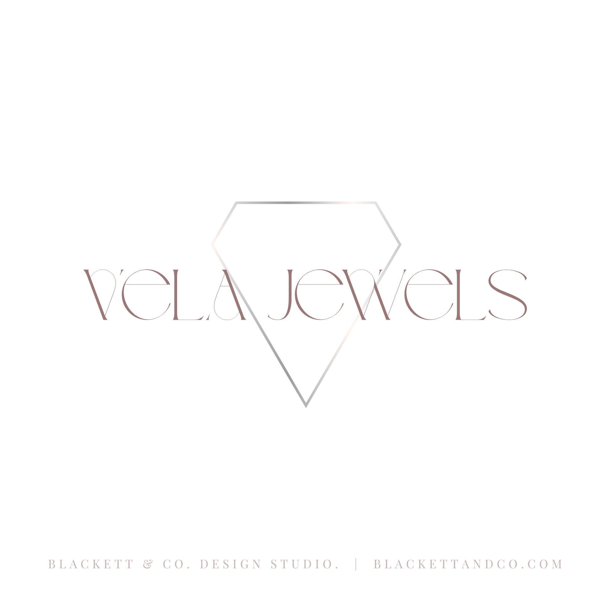 A minimalist logo for Vela Jewels, featuring a thin geometric diamond outline in rose gold over the brand name in a matching serif typeface, set against a solid white background.