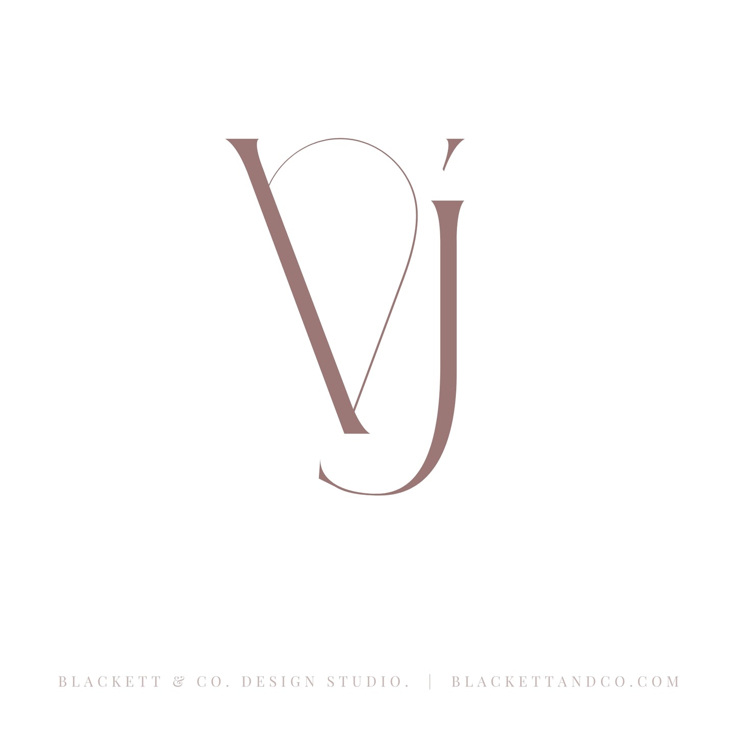 A minimalist brand logo featuring intertwined letters in a muted dusty rose-brown colour on a solid white background.