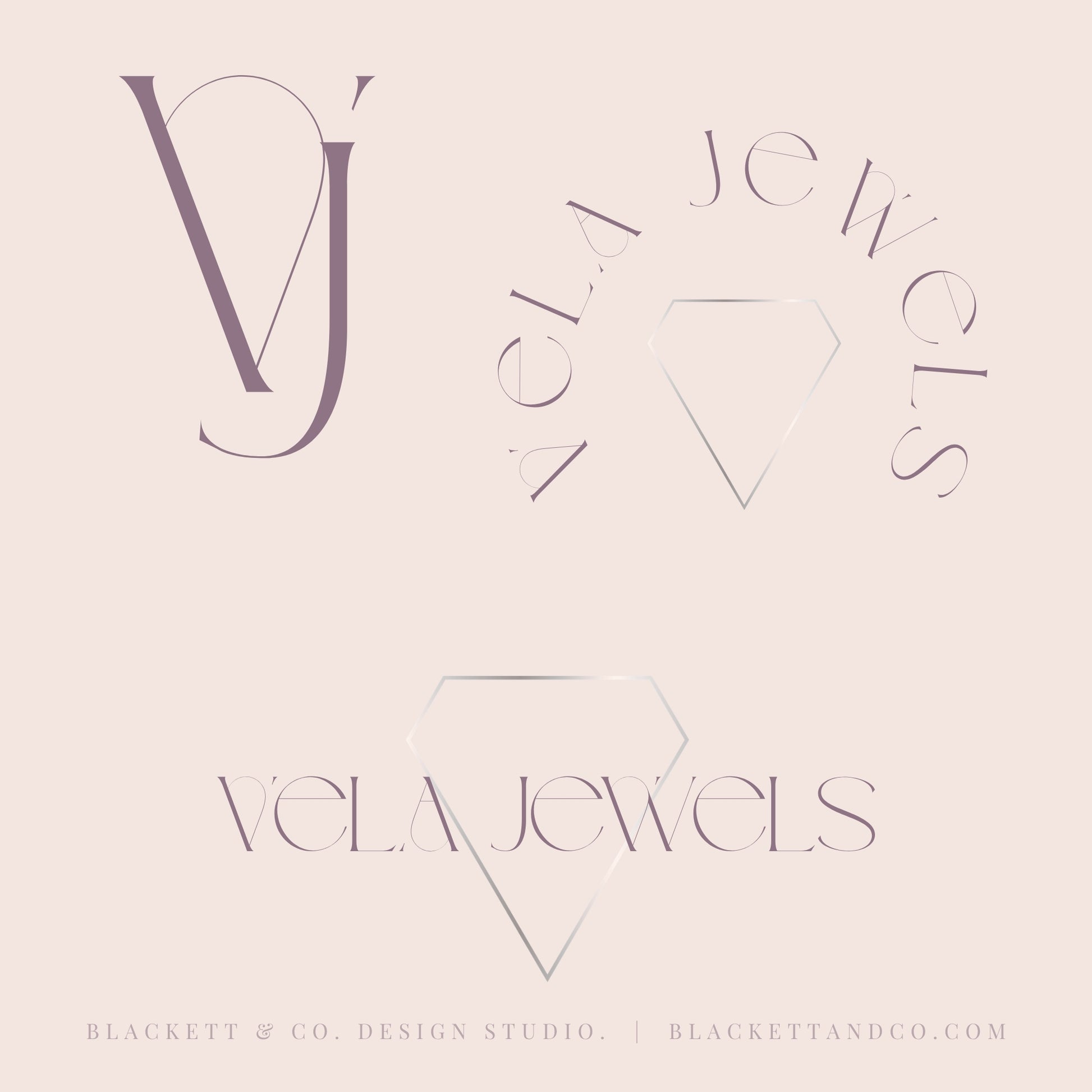 A minimalist brand logo design preview for Vela theme logos in a pale blush pink background, showing multiple stylized font treatments and a geometric diamond outline.