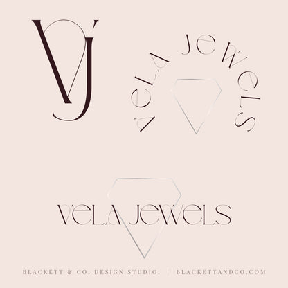 Variations of a brand logo design for shown on a pale blush pink background, featuring elegant typography and a minimalist outline diamond icon.