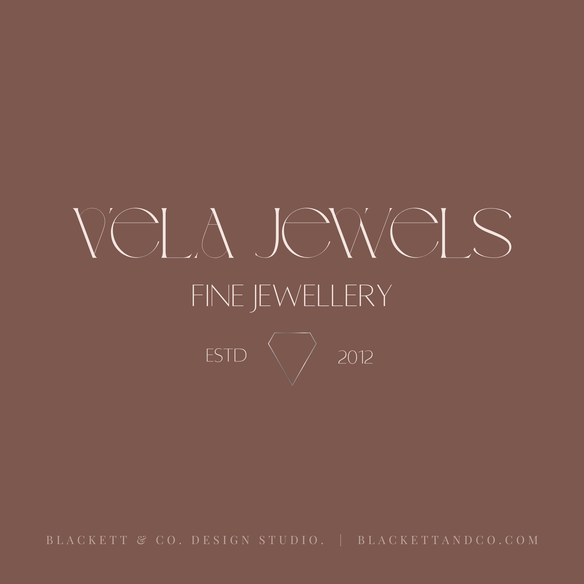 A minimalist logo design for Vela Jewels Fine Jewellery, featuring elegant white typography on a solid warm mauve background.