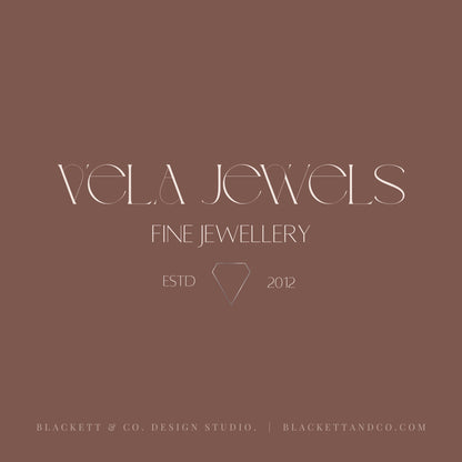 A minimalist logo design for Vela Jewels Fine Jewellery, featuring elegant white typography on a solid warm mauve background.