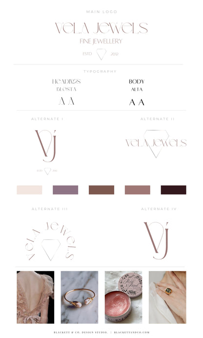 A brand identity board for Vela theme semi-custom logo by Blackett & Co., featuring logo variations, typography, colour swatches in soft beige, mauve, brown, and charcoal, and four small lifestyle photos.