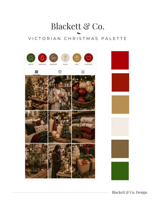 A branded colour palette board featuring Blackett & Co.'s Victorian Christmas colour palette showing a grid of warm holiday lifestyle photos alongside a vertical row of colour swatches in red, deep red, tan, cream, brown, and green