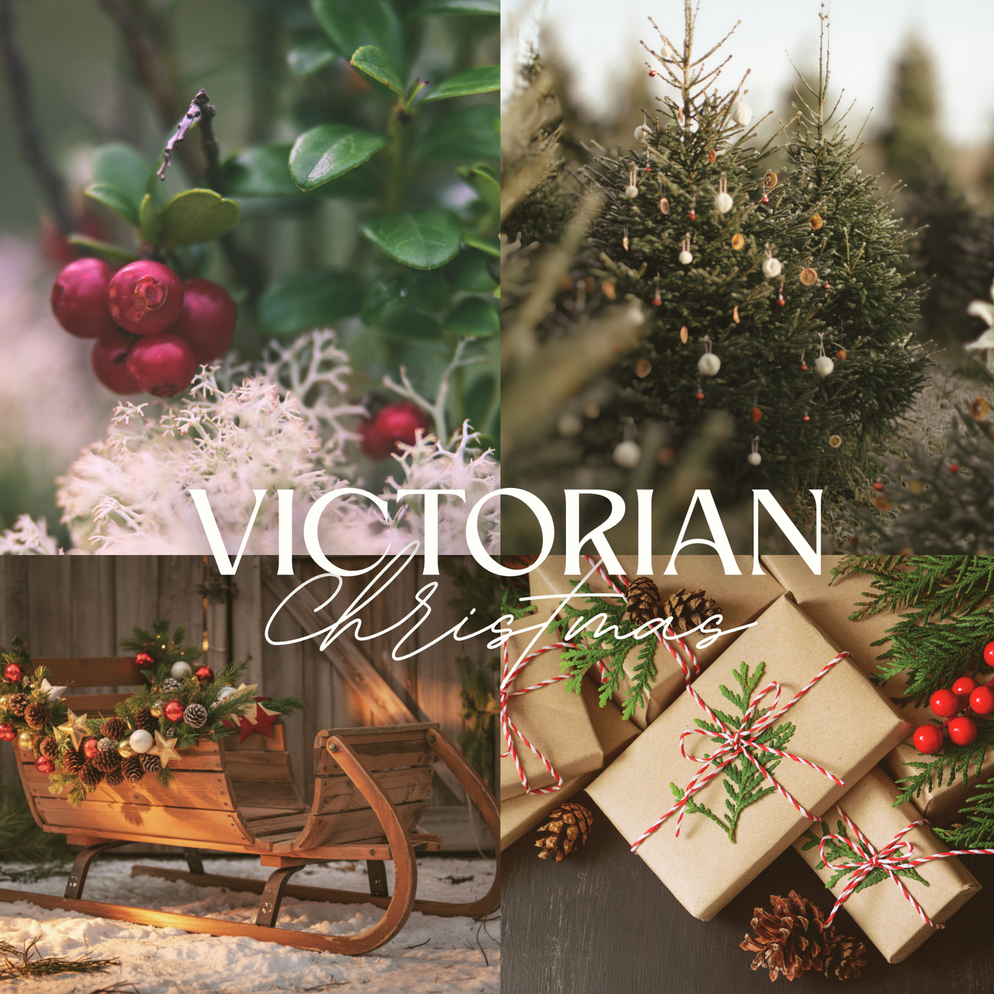 Collage of Christmas-themed images including a sleigh, presents, and decorated trees with 'Victorian Christmas' text.
