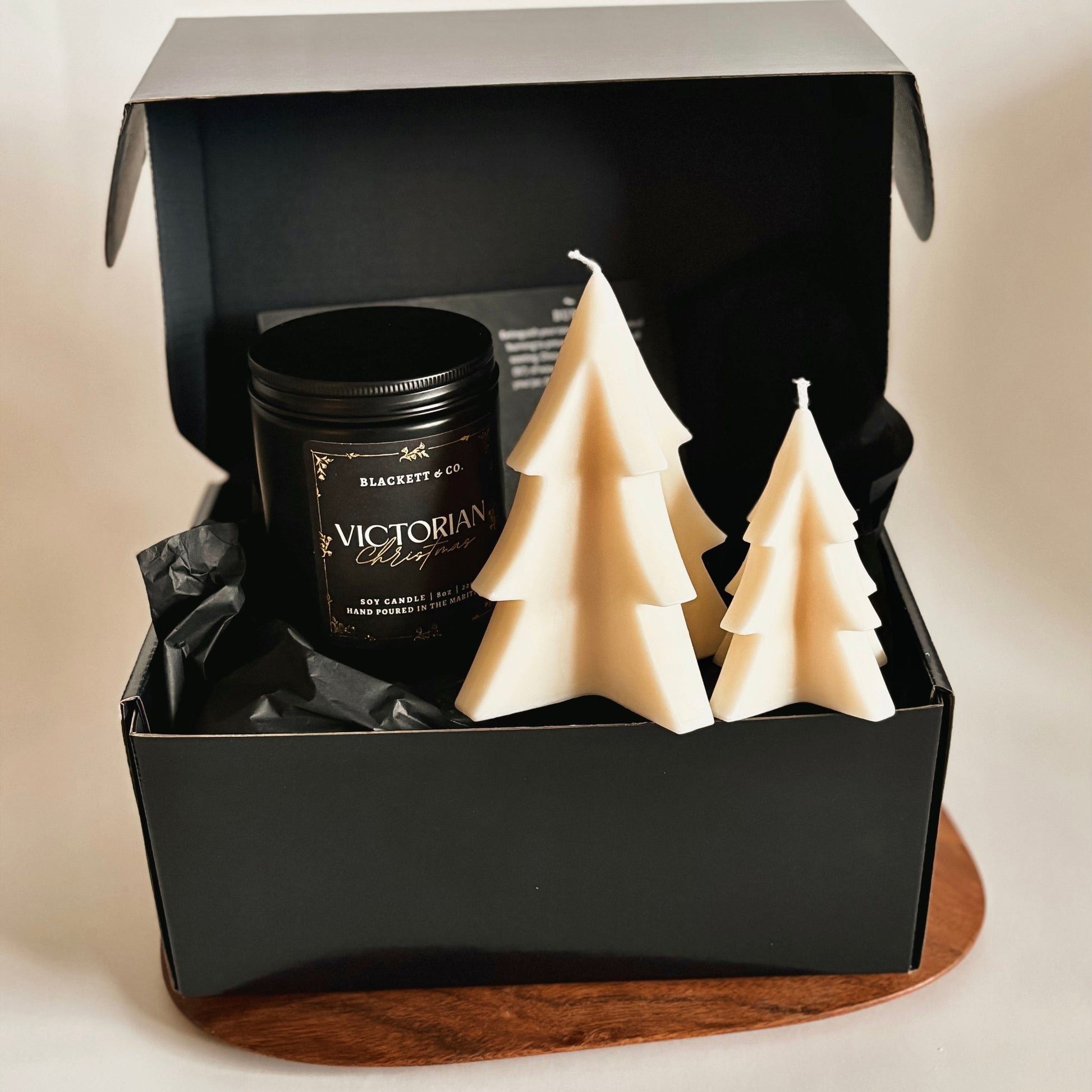 Victorian Christmas soy candle handcrafted by Blackett & Co. and soy candle fir trees.