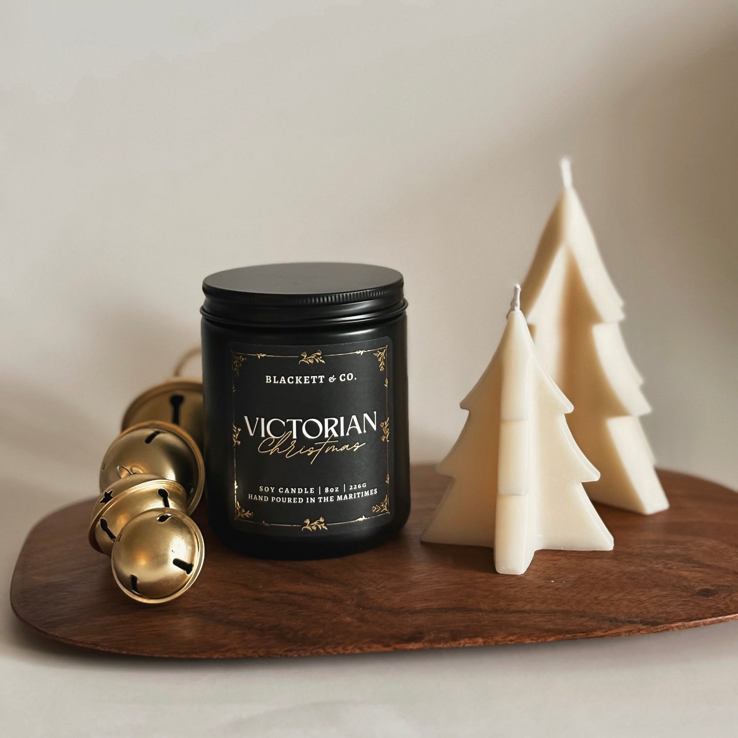 Victorian Christmas soy candle handcrafted by Blackett & Co. and soy candle fir trees.